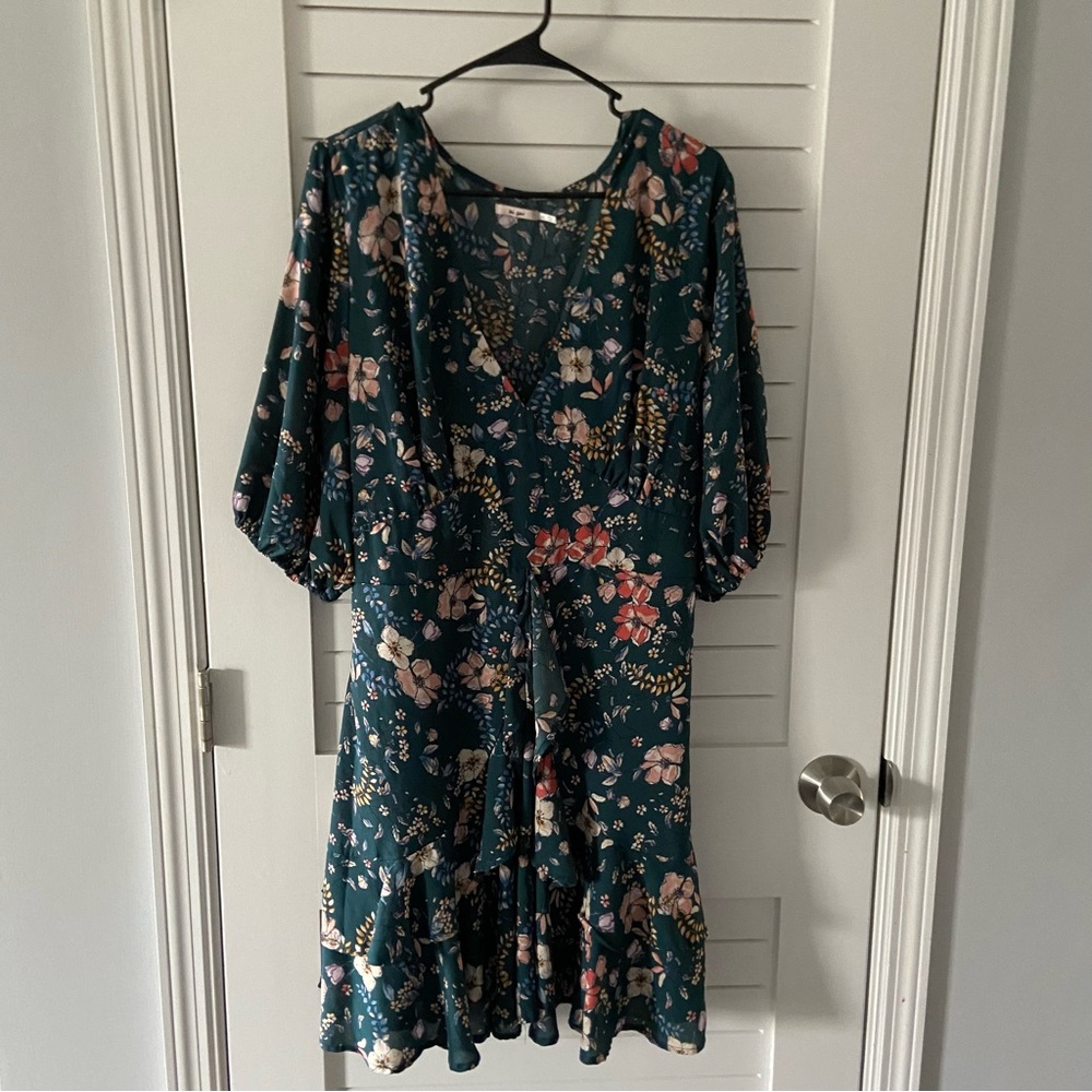 Mi Ami Dark Green Floral Fall Dress Midi Puff Sleeve Ruffle Bottom Size 3X